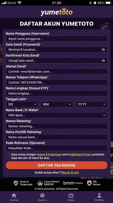 Tampilan halaman daftar yumetoto